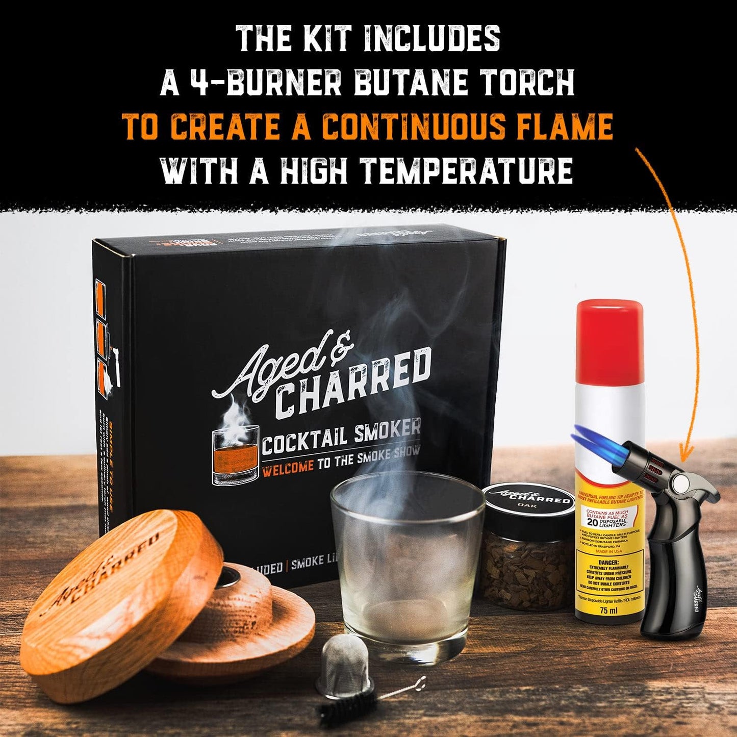 Gizmo - Whiskey Smoker Kit with Torch and Butane - 8 Flavors Wood Chips (100% USA Oak Smoker)