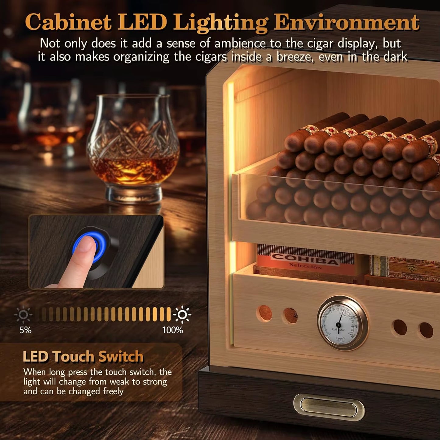 Gizmo - Premium Cigar Humidor with Lighted Control & Magnetic Door
