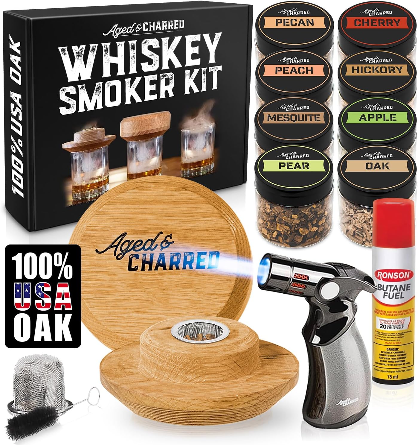 Gizmo - Whiskey Smoker Kit with Torch and Butane - 8 Flavors Wood Chips (100% USA Oak Smoker) 