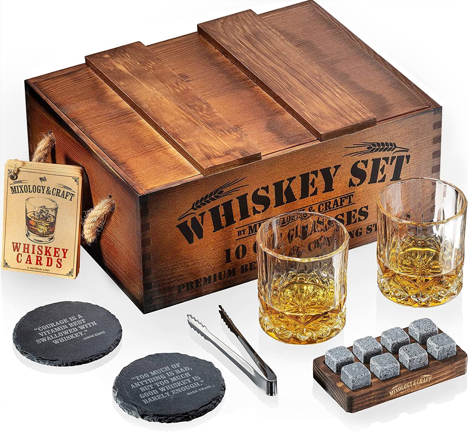 Gizmo - Whiskey Stones & 2 Glasses, (8 Chilling Rocks & Wooden Box)